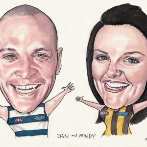 A caricature from photos of a couple wearing Geelong and Hawthorn Football Club Jumpers
